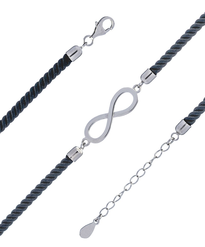 Black string bracelet with silver pendant "infinity"