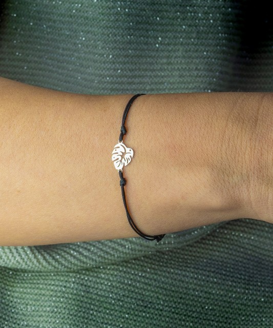 Black string bracelet with a silver pendant "leaf"