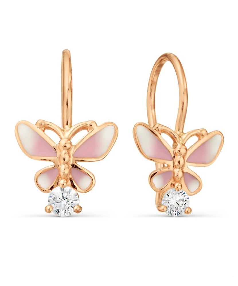 Gold earrings with zirconium and enamel "butterfly"