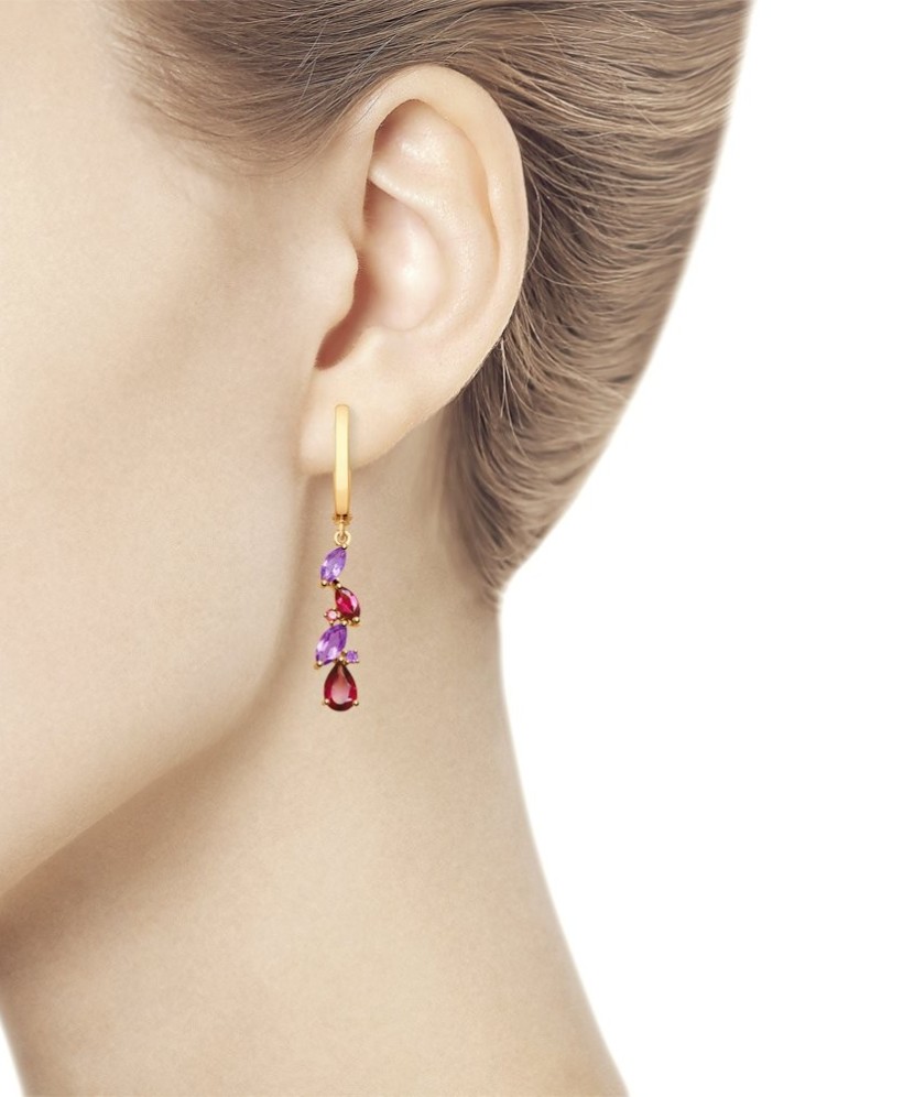 Gold earrings with amethysts and rhodolites