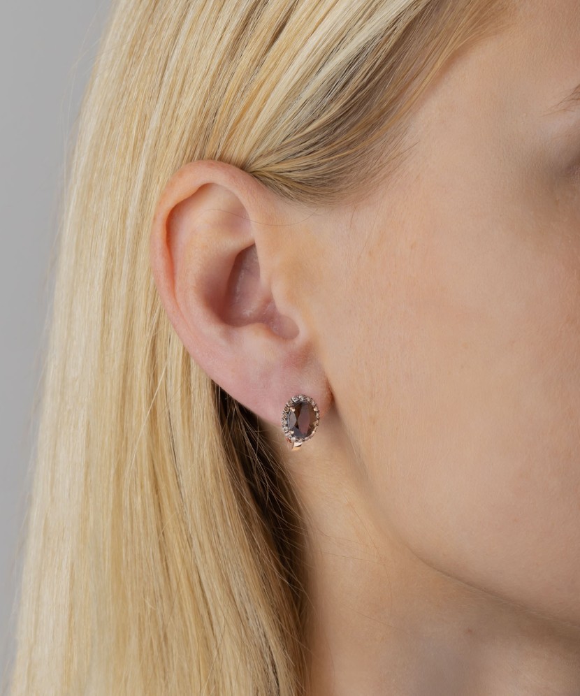 Gold earrings with diamonds and smoky quartz