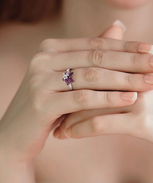 Silver ring with zircons and nano ruby "Flower"
