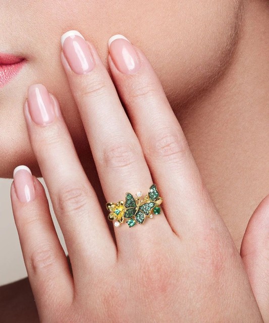 Sidabrinis paauksuotas žiedas su cirkoniais "Drugeliai" - Sidabriniai žiedai - Goldinga