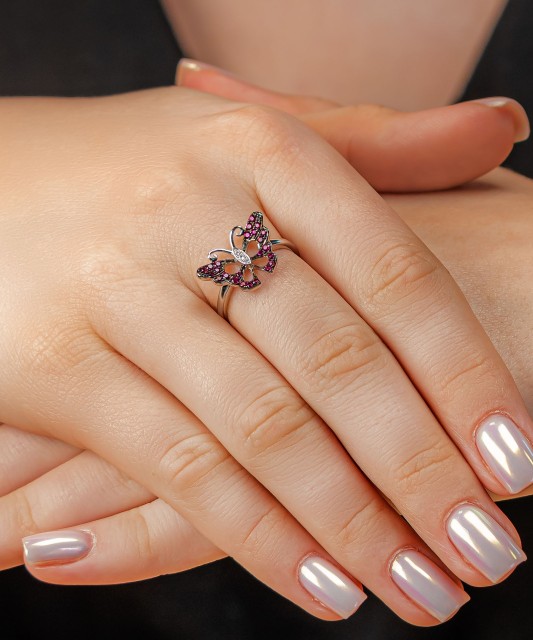 Silver ring with zircons and nano ruby "Butterfly"