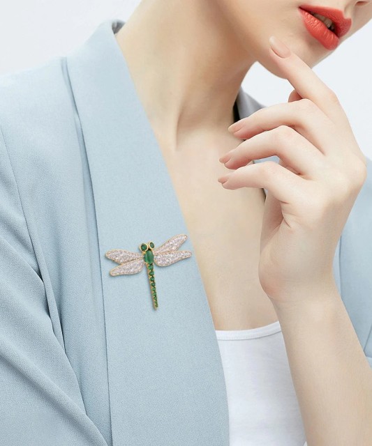 Gilded stetling silver brooch with spinels and zircons "Dragonfly"