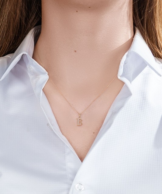 Auksinis pakabukas su cirkoniais raidė B - Auksiniai pakabukai - Goldinga