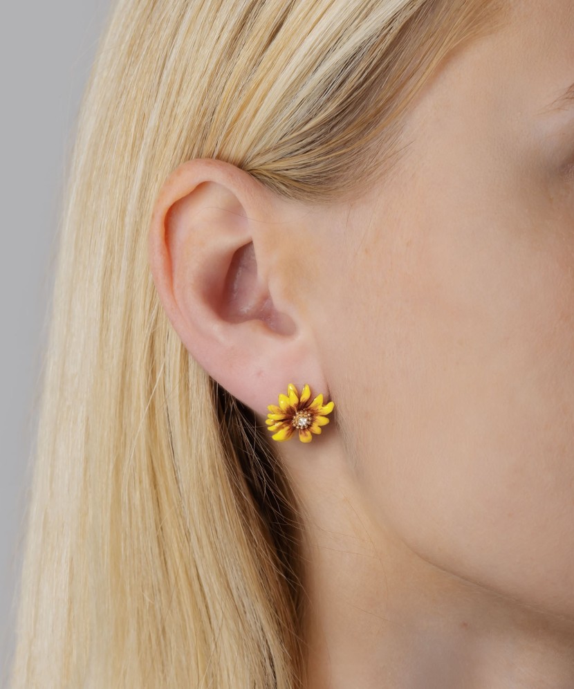 Gilded sterling silver earrings with zircons and enamel "Flower"