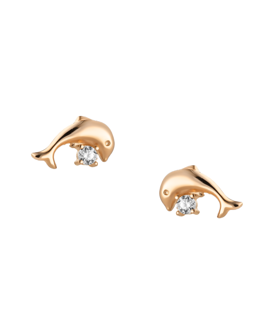 Gold earrings with zircons "Dolphin"