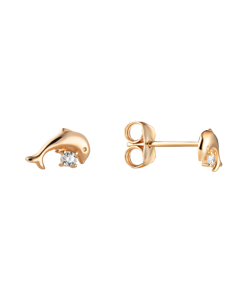 Gold earrings with zircons "Dolphin"