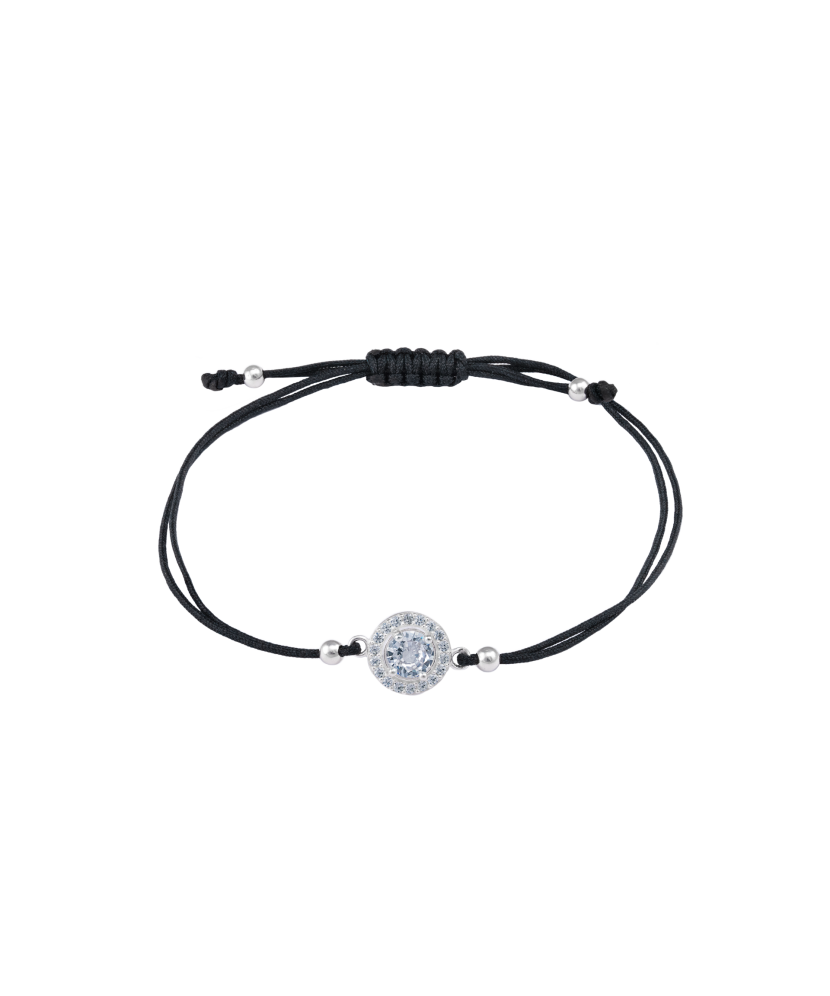 Black string bracelet with a silver pendant and zirconium
