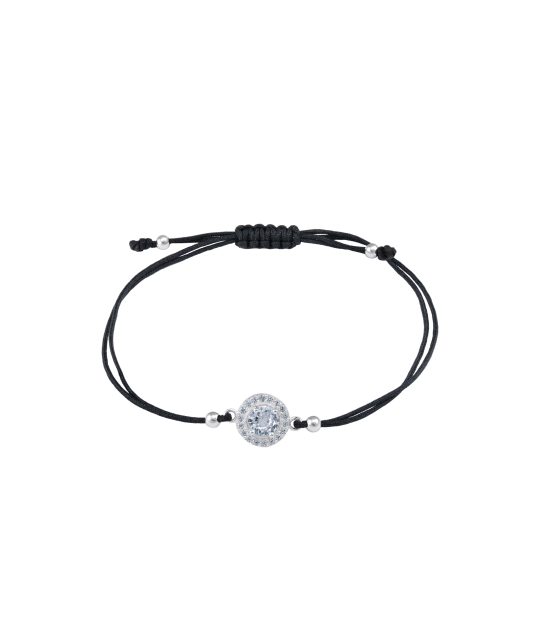 Black string bracelet with a silver pendant and zirconium