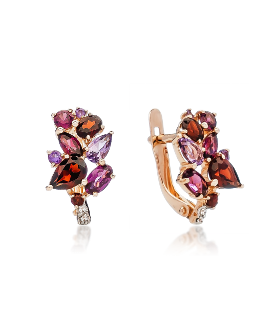 Gold earrings with amethysts and rhodolites