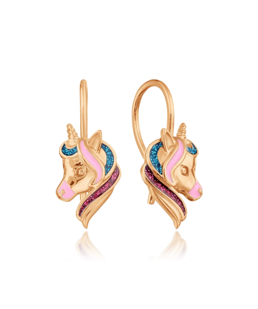 Gold earrings with enamel "unicorn"