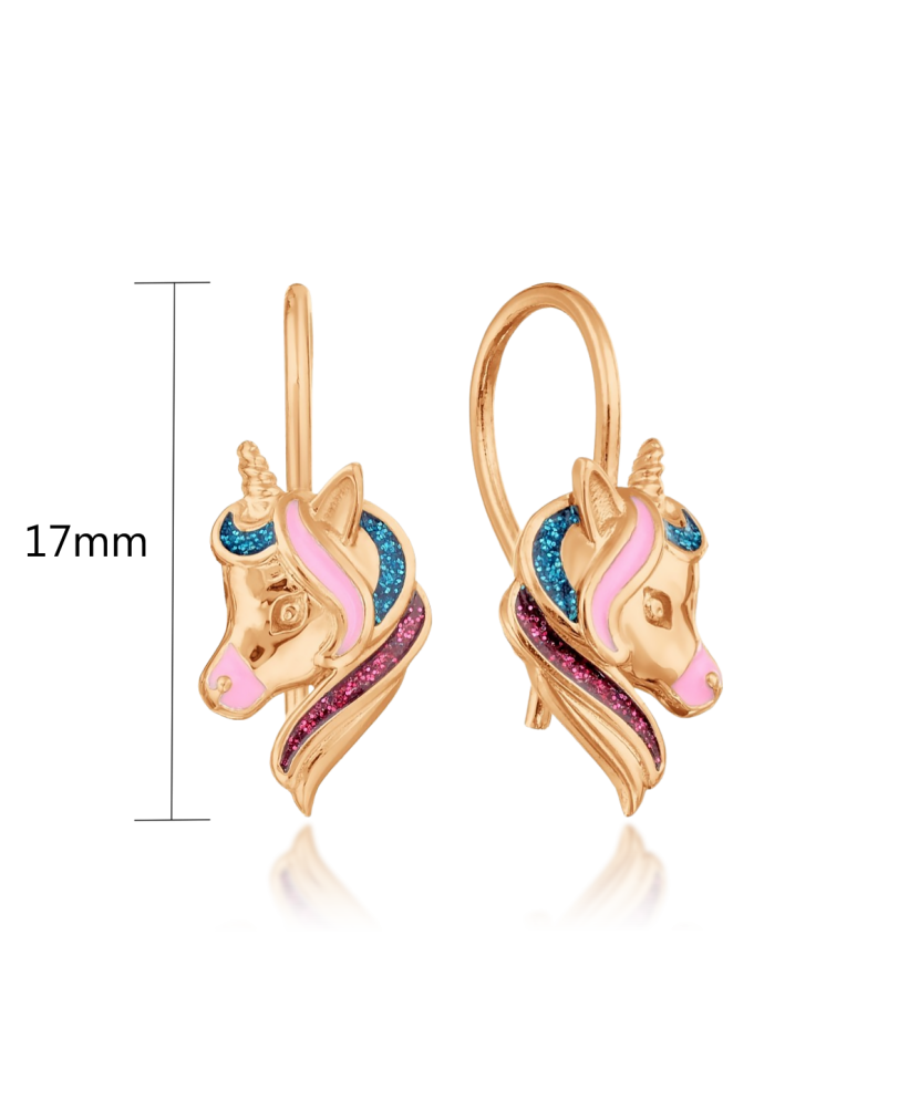 Gold earrings with enamel "unicorn"