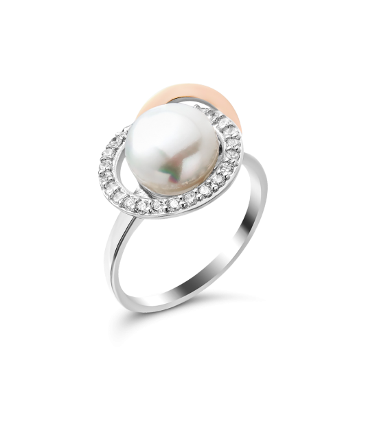 Sterling silver ring with pearl and zircons gold plated