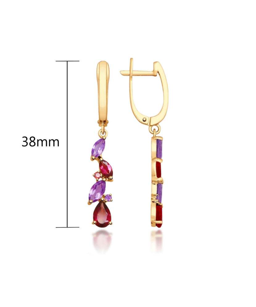 Gold earrings with amethysts and rhodolites