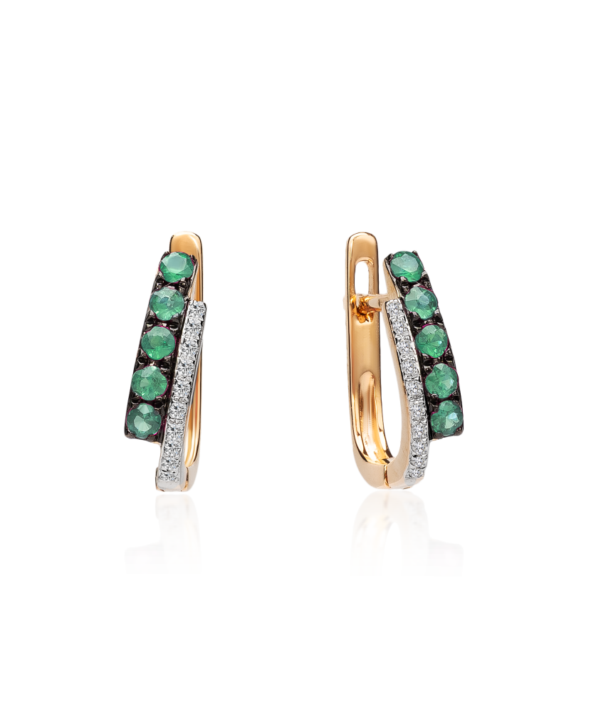 Kultaiset korvakorut smaragdilla ja timantteja