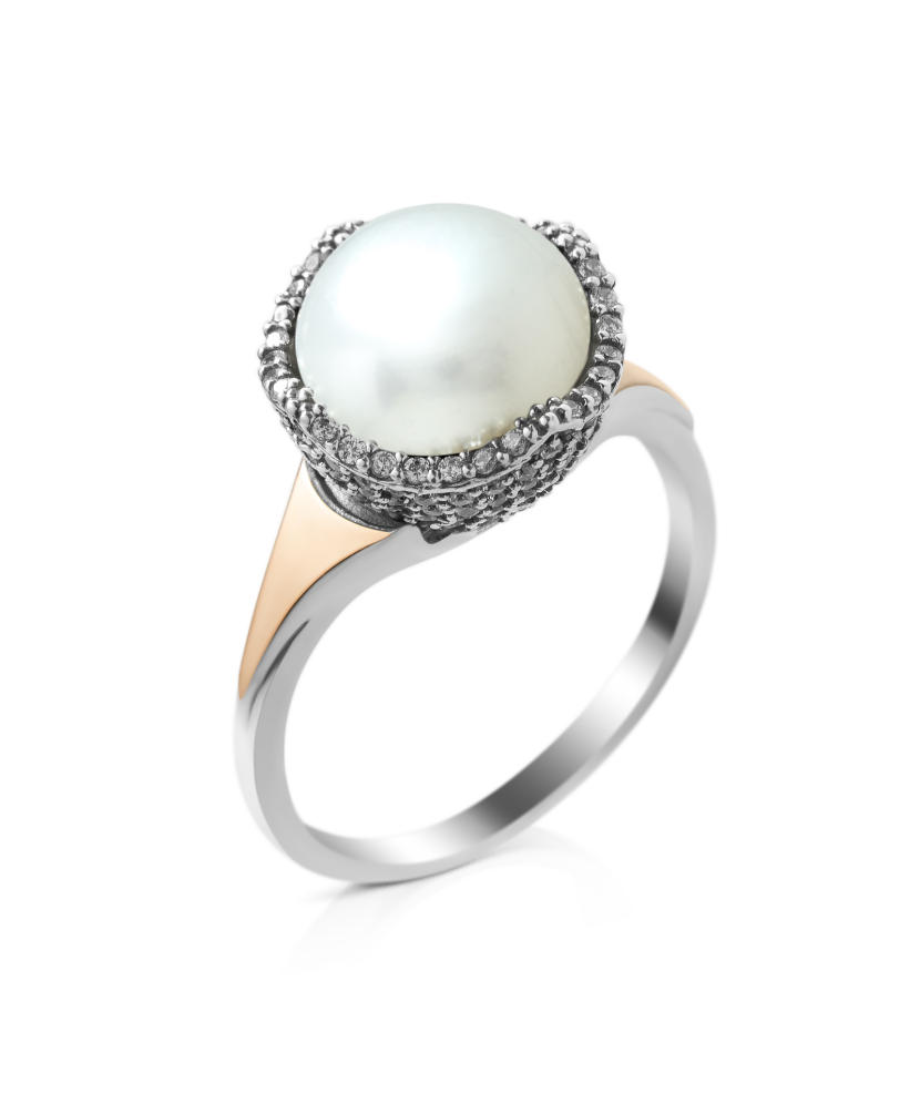 Sterling silver ring with pearl and zircons gold plated