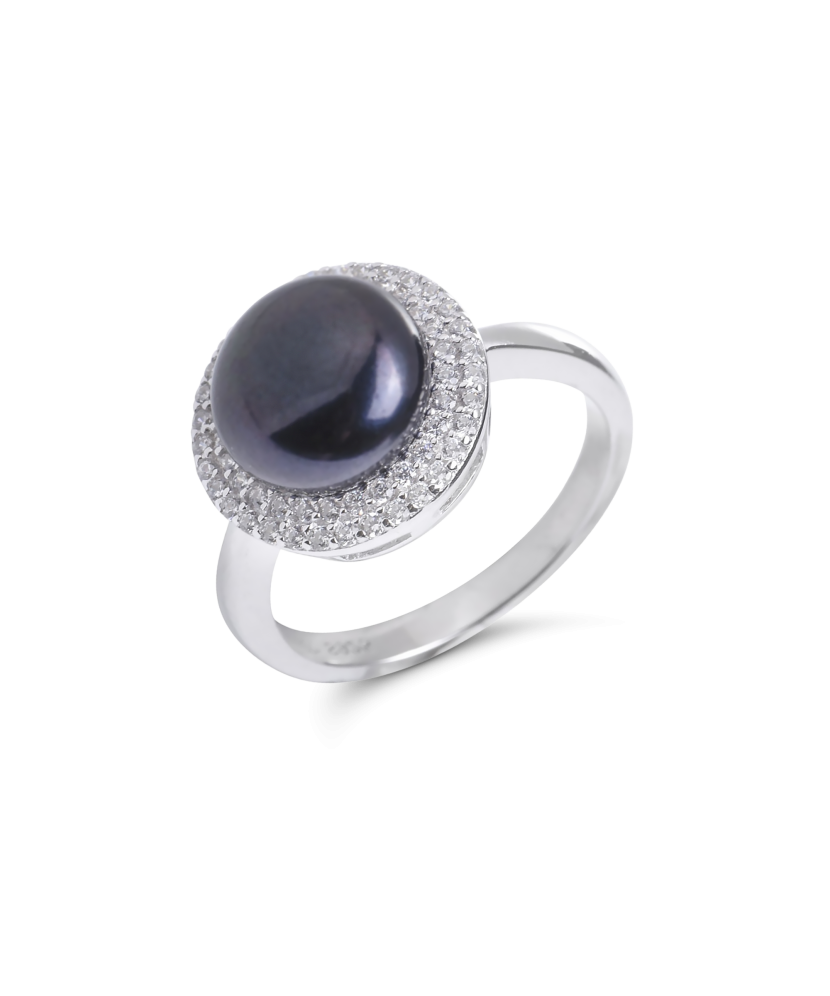 Sterling silver ring with pearl and zircons