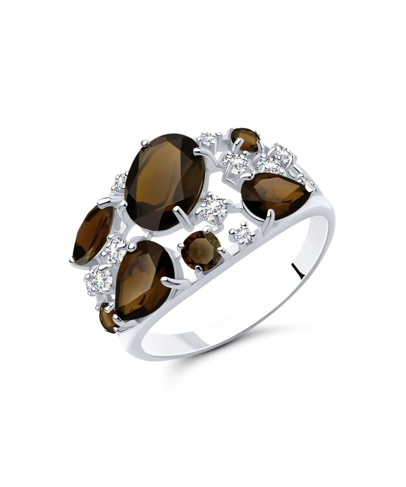 Sterling silver ring with smoky topazes and zircons