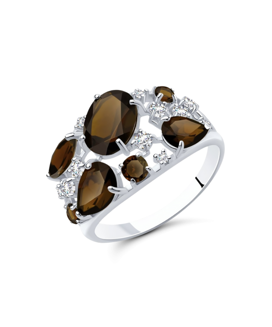 Sterling silver ring with smoky topazes and zircons
