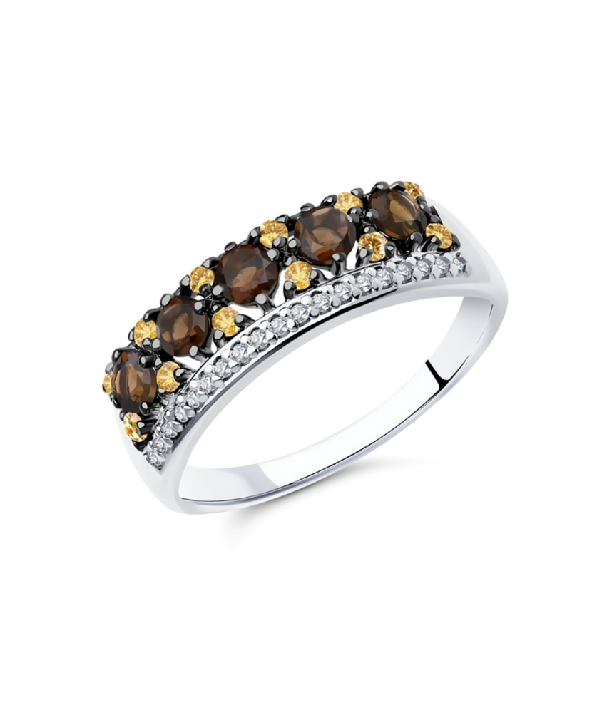Sterling silver ring with smoky topazes and zircons