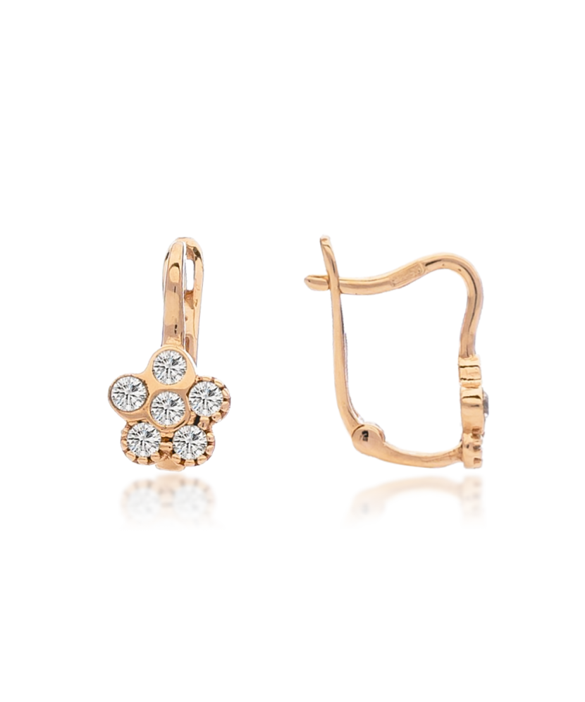 Gold children's earrings with zircons "flowers"