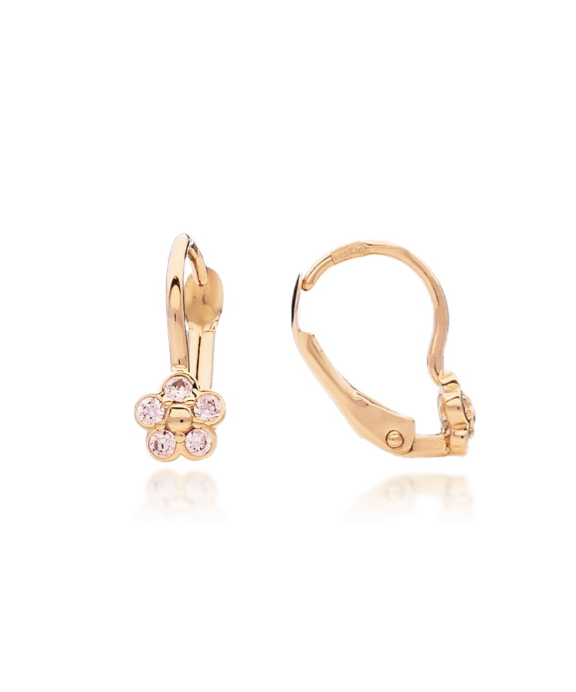 Gold children's earrings with zircons "flowers"