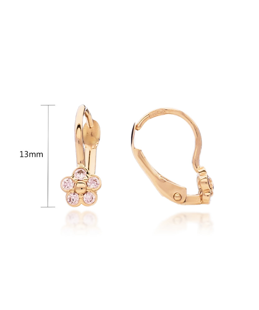 Gold children's earrings with zircons "flowers"