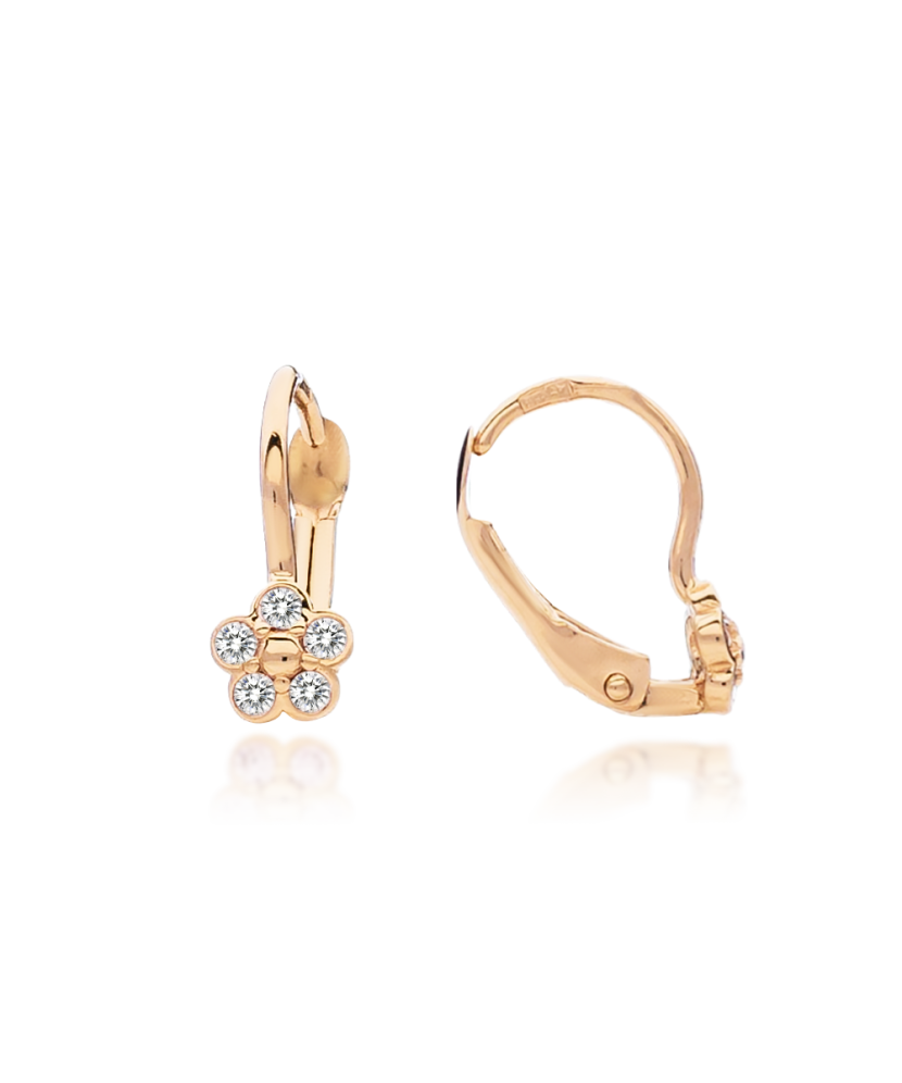 Gold children's earrings with zircons "flowers"