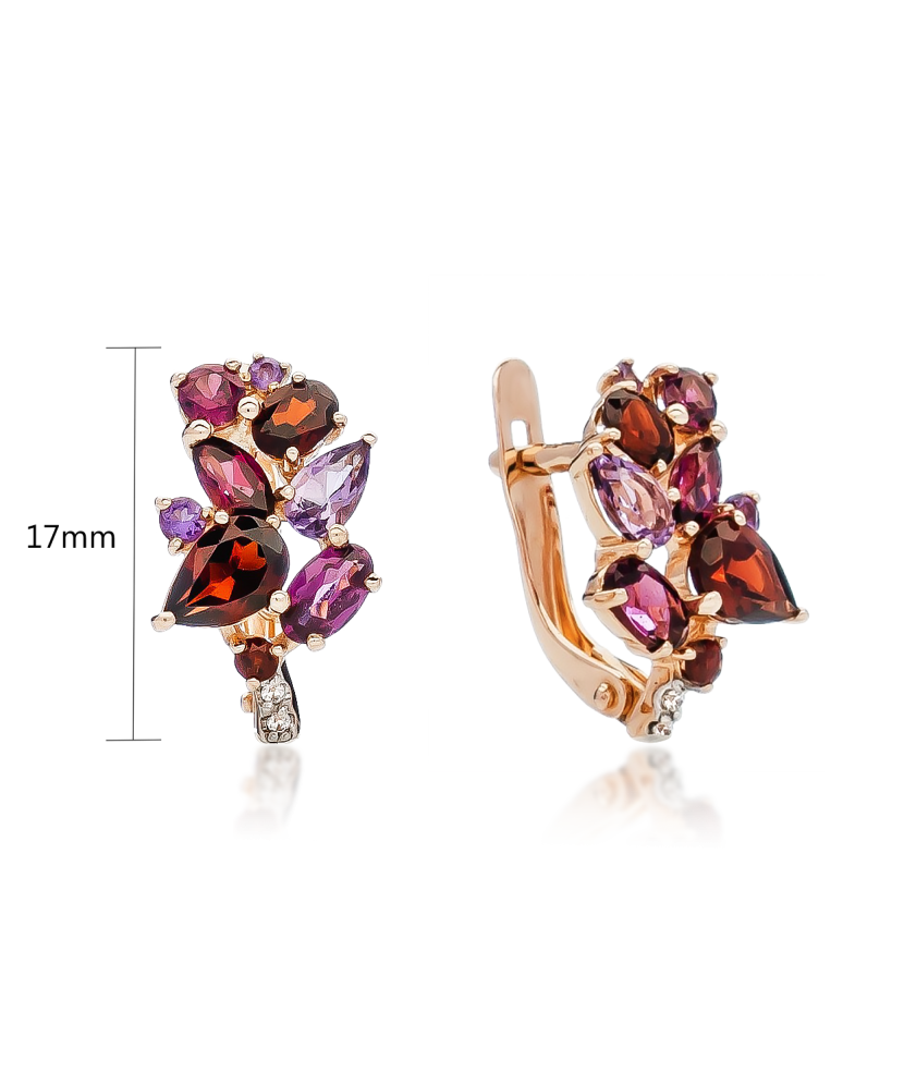 Gold earrings with amethysts and rhodolites