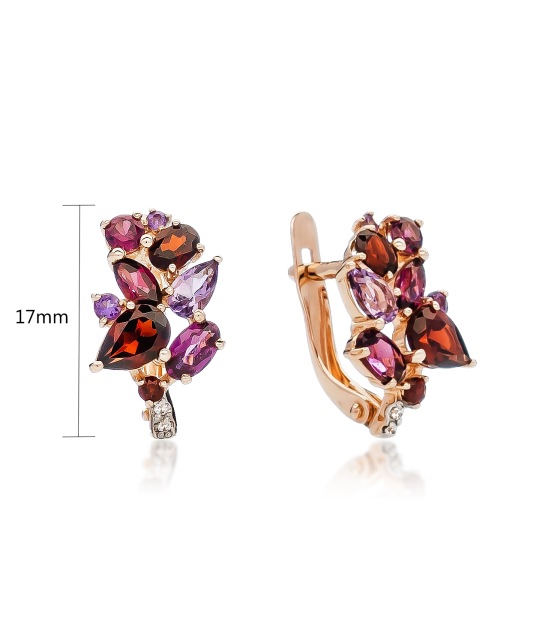 Gold earrings with amethysts and rhodolites