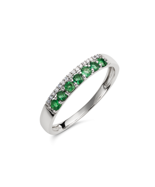 White gold ring with diamonds and emeralds