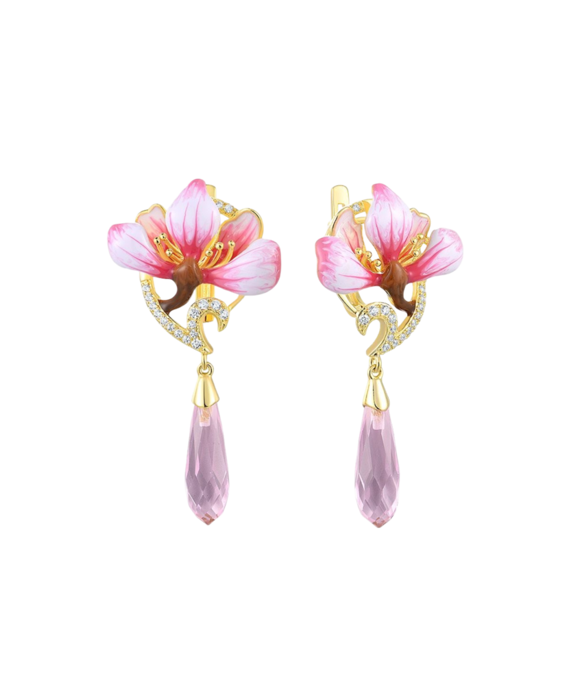 Gilded sterling silver earrings with zircons and enemal