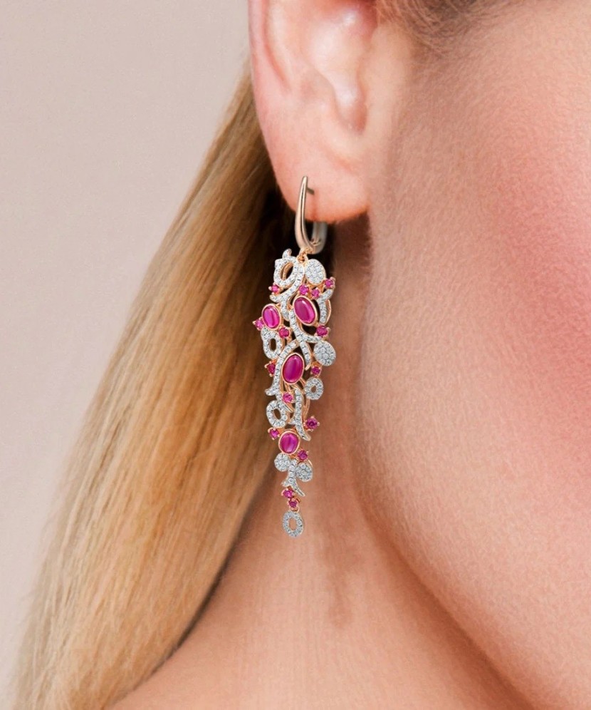 Gilded Sterling Silver earrings with nano rubies and zircons
