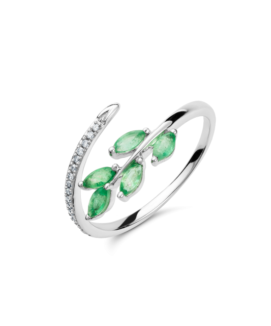 White gold ring with diamonds and emeralds