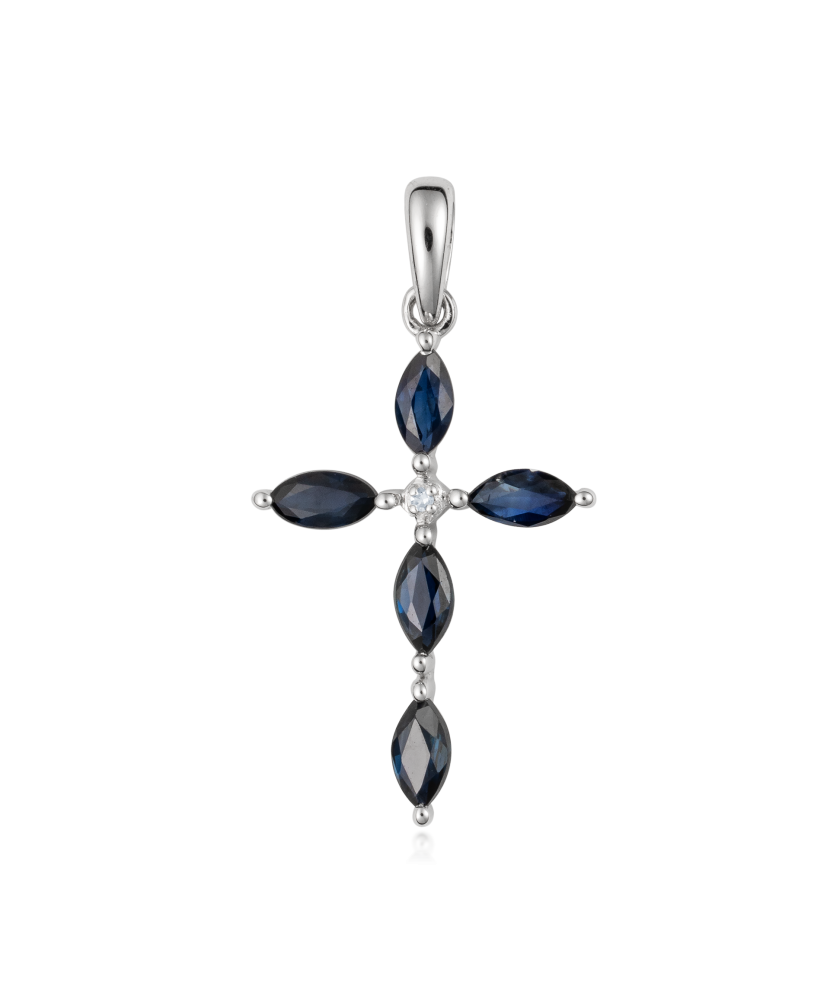 White gold pendant with diamonds and sapphires "Cross"