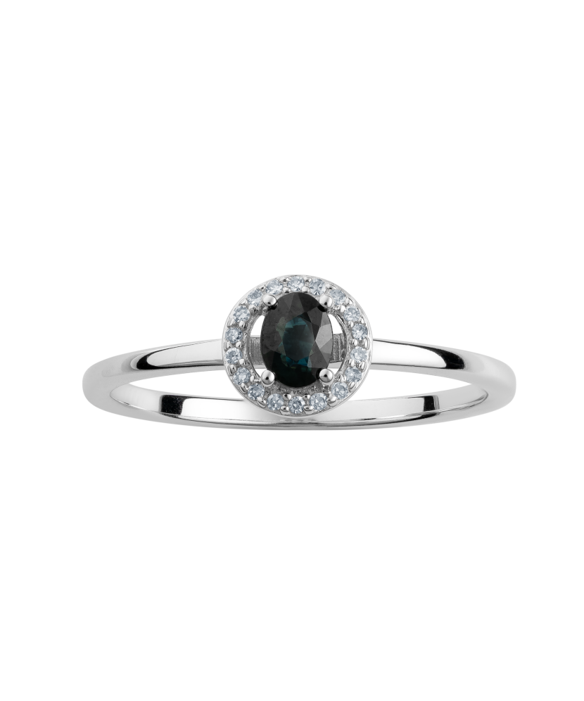 Valkokultainen sormus safiirilla ja timanteilla