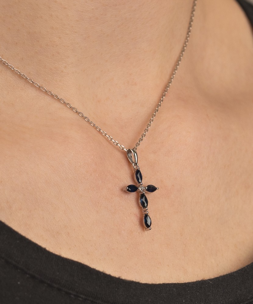 White gold pendant with diamonds and sapphires "Cross"