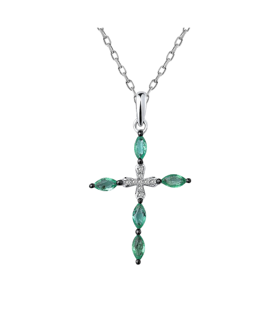 White gold pendant with diamonds and emeralds "Cross"