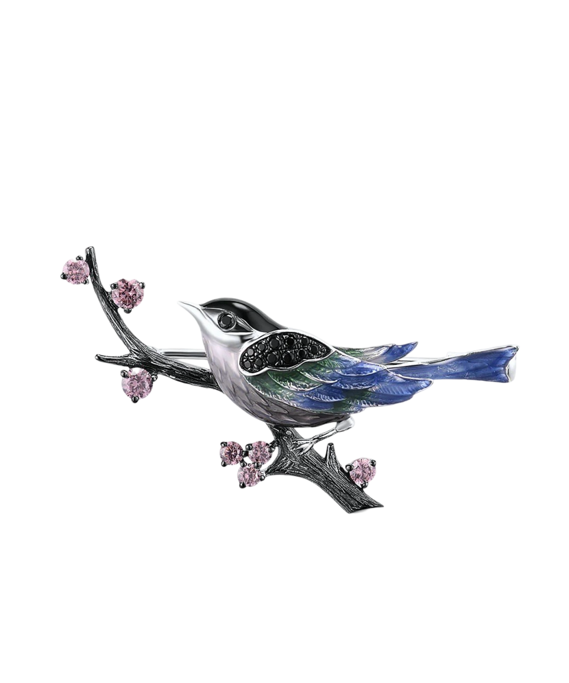 Sterling silver brooch with zircons and enamel "Flower"