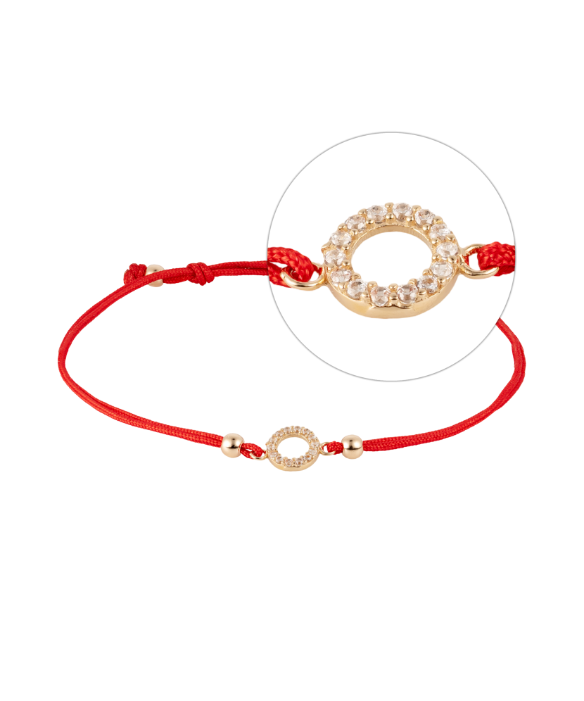 Red string bracelet with a gold pendant and zirconium