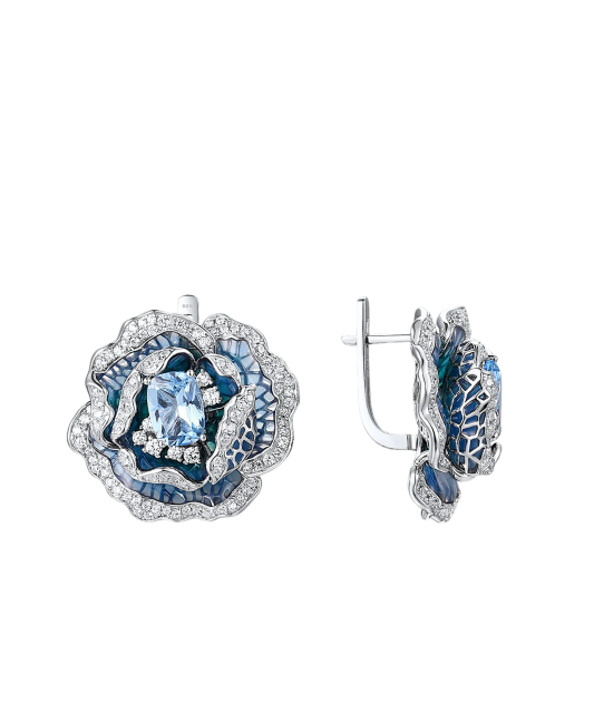 Sterling Silver earrings with zircons enamal and spinels "Flower"