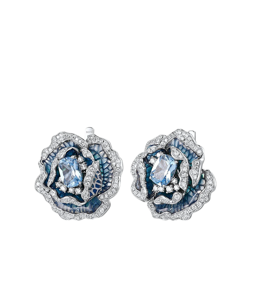 Sterling Silver earrings with zircons enamal and spinels "Flower"