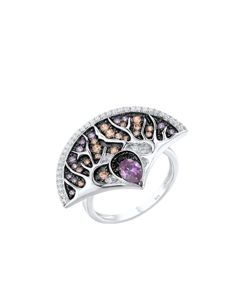 Silver ring with zircons and amethyst