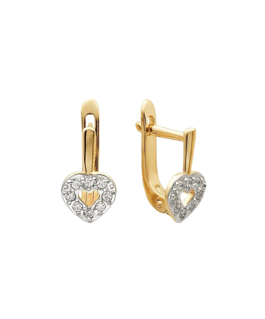Gold children's earrings with zircons "hearts"