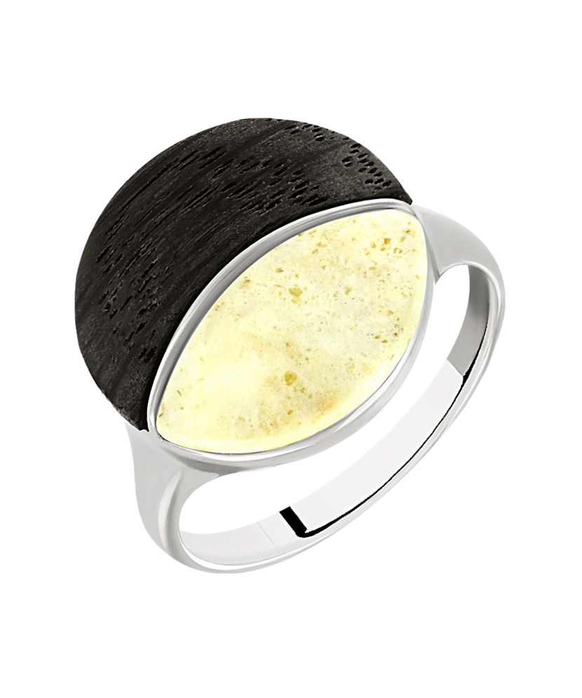 Sterling Silver ring with amber and wood