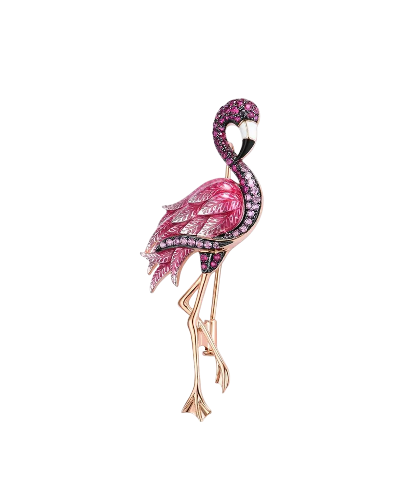 Glided sterling Silver brooch with enamel and zircons "flamingo"