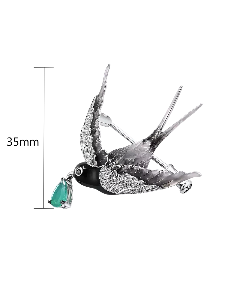 Sterling  Silver brooch with agate, enamel and zircons "Bird"