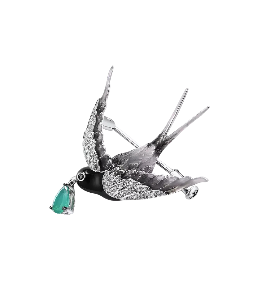 Sterling  Silver brooch with agate, enamel and zircons "Bird"